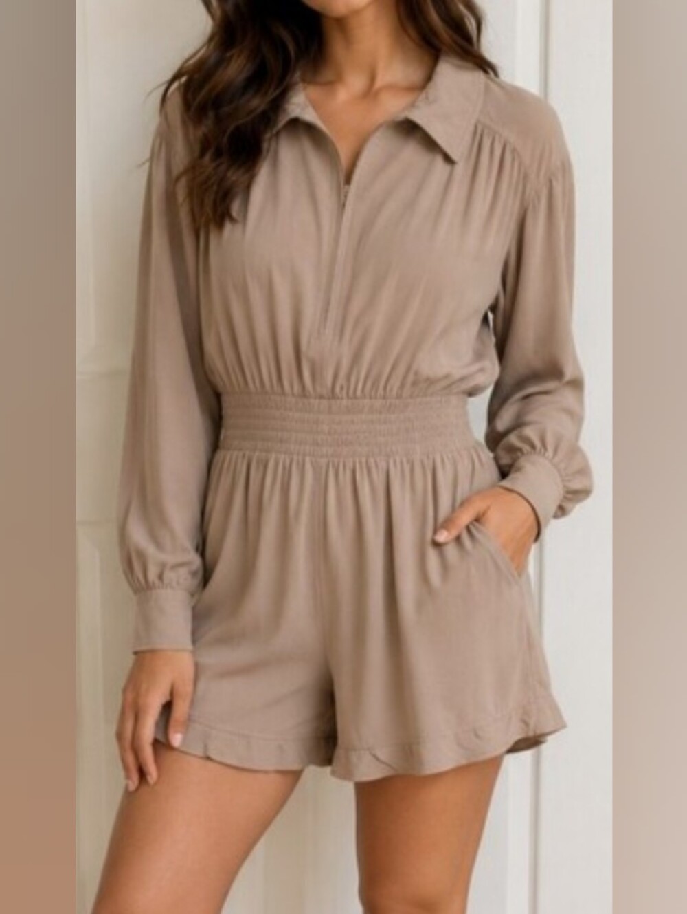 Smocked-Waist Taupe Romper with Collared Neck